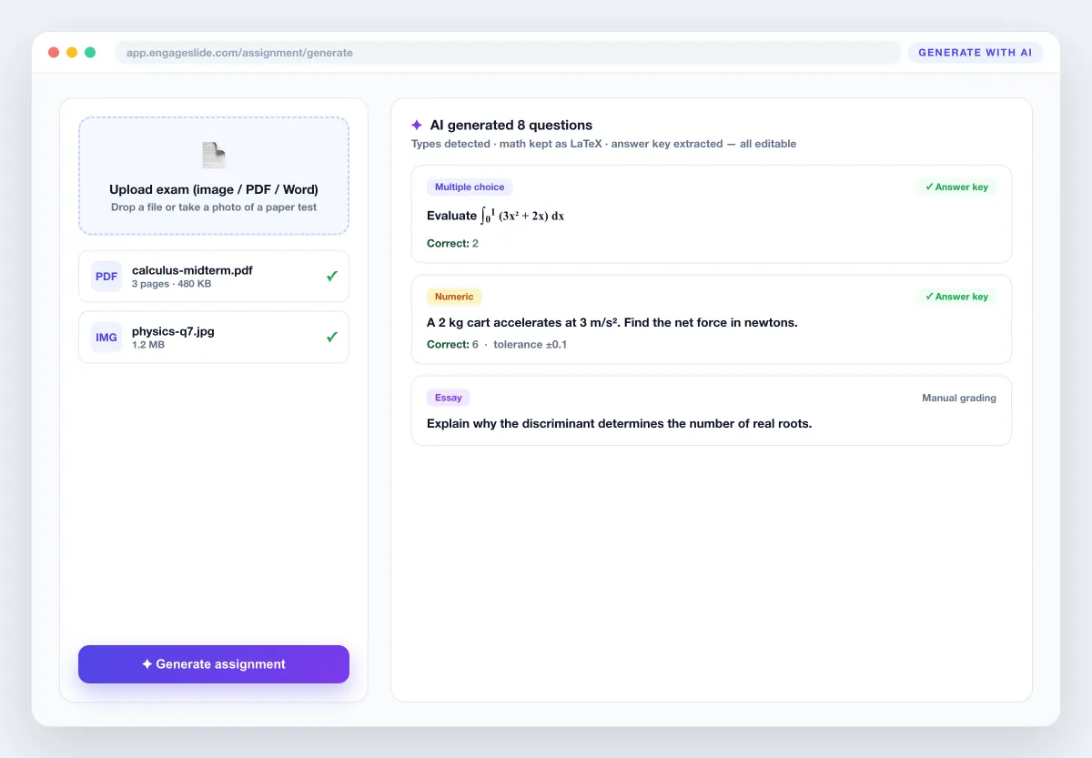 The AI import dialog — an uploaded exam PDF on the left and the generated questions, with detected types and correct answers, appearing in the builder on the right.