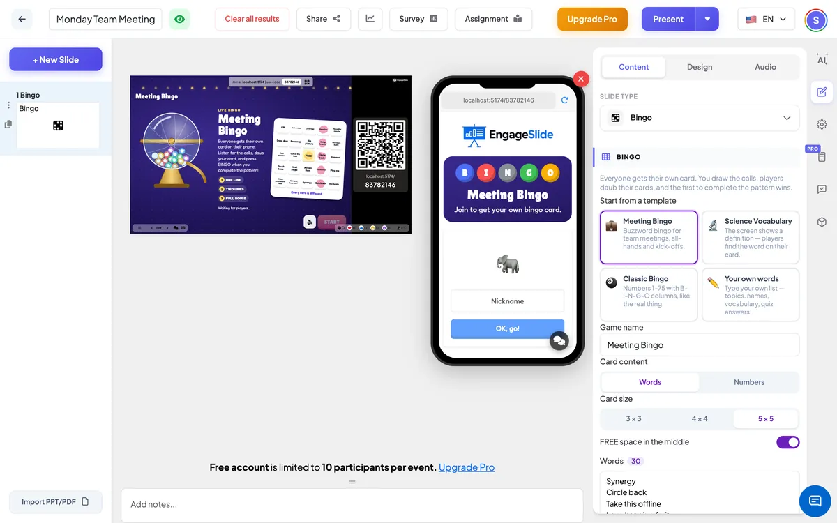 قائمة النقطات <b> Bingo </b> محرر —، الشاشة الحية مع رمز المشاركة &amp; QR، و لوحة المحتوى