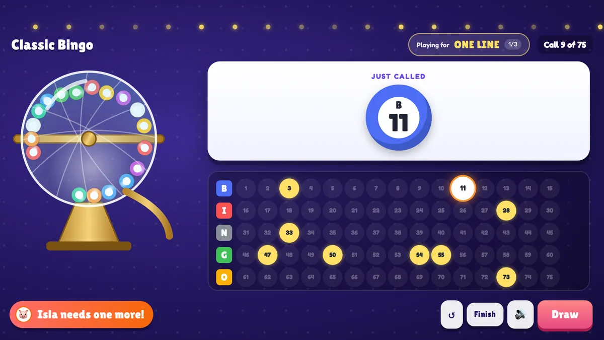 البينغو الكلاسيكي: الأرقام 1 – 75 في أعمدة B-I-N-G-O، مع أحدث رقم حلق