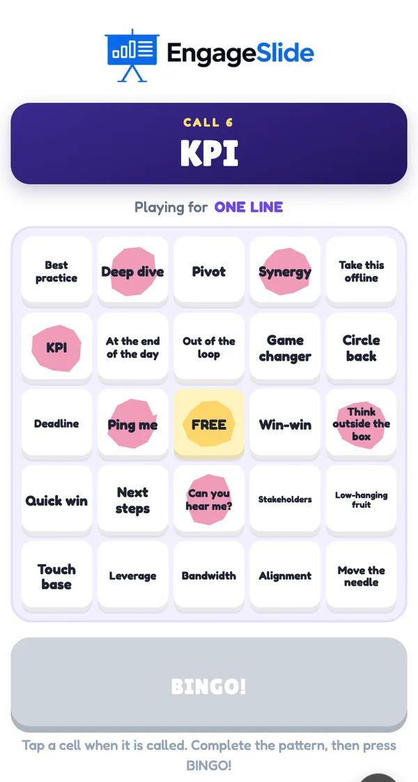 On the phone: the latest call and your own card — tap a cell to daub it