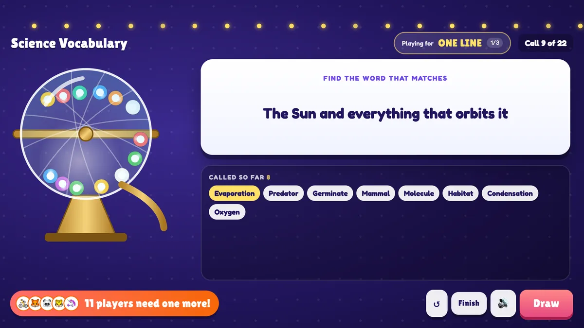 البينغو Quiz: يظهر الشاشة تعريفًا واللاعبون يجدون الكلمة على بطاقتهم