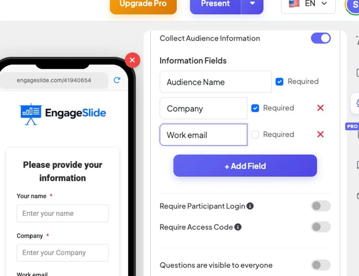 Collectez les informations de l'audience avec un champ d'entreprise requis et un champ d'e-mail de travail optionnel — les mises à jour instantanées de l'aperçu du téléphone.