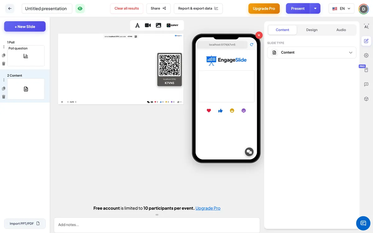 The <b>Content</b> editor — slide list, live screen with join code &amp; QR, and the content panel