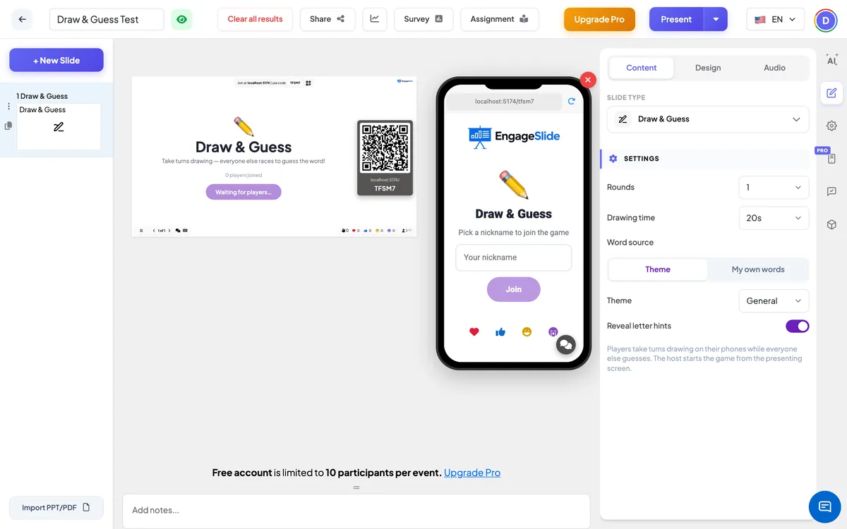 Configurar la diapositiva dibujar y adivinar en el editor EngageSlide