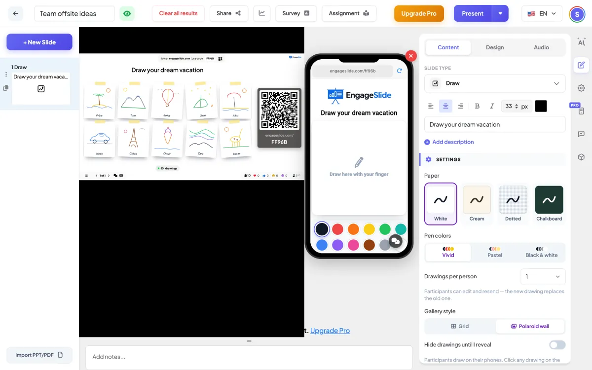 قائمة النقطات <b> Draw </b> محرر —، الشاشة الحية مع رمز المشاركة &amp; QR، و لوحة المحتوى