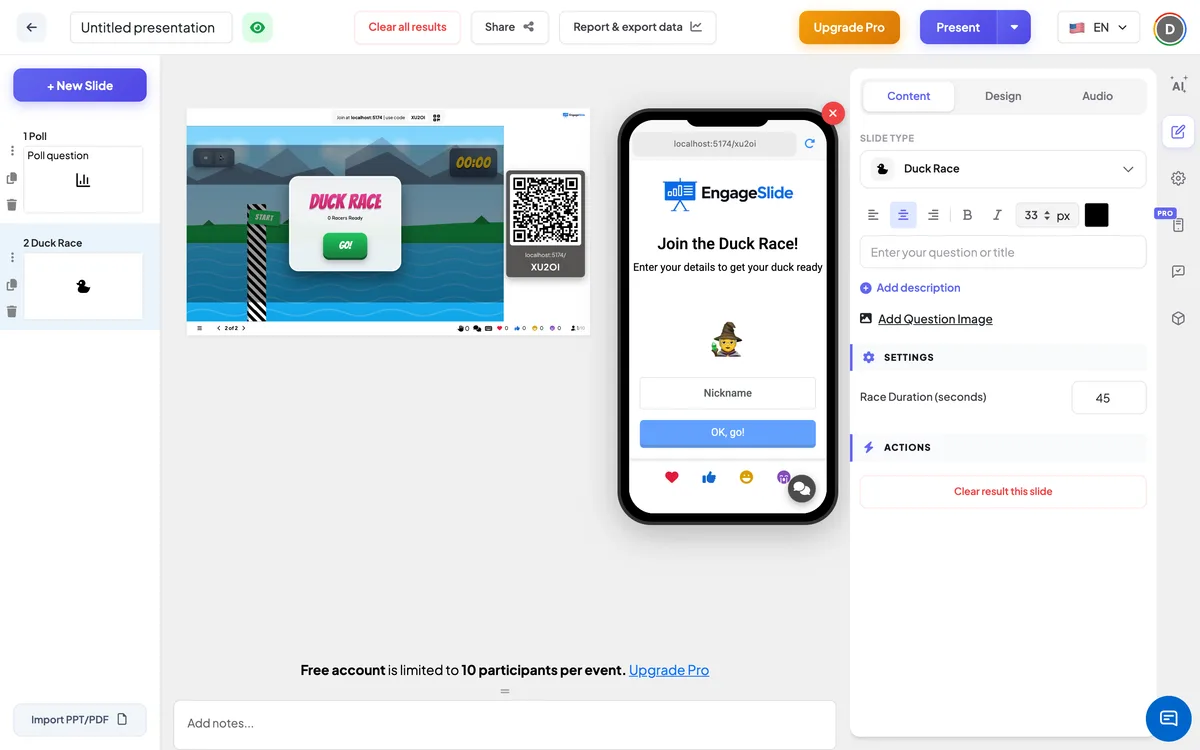 The <b>Duck Race</b> editor — slide list, live screen with join code &amp; QR, and the content panel