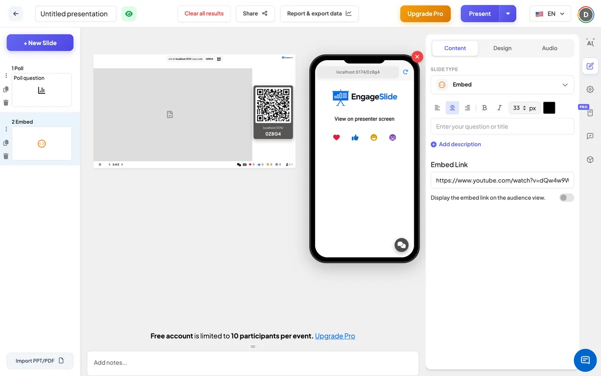 The <b>Embed a web page</b> editor — slide list, live screen with join code &amp; QR, and the content panel