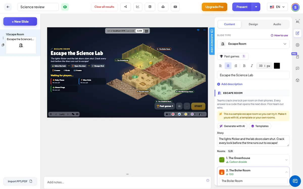 The <b>Escape Room</b> editor — slide list, live screen with join code &amp; QR, and the content panel
