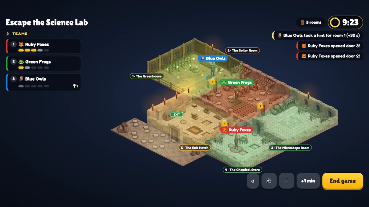 During the game: teams by progress, the clock, the news — and every team running through the dungeon