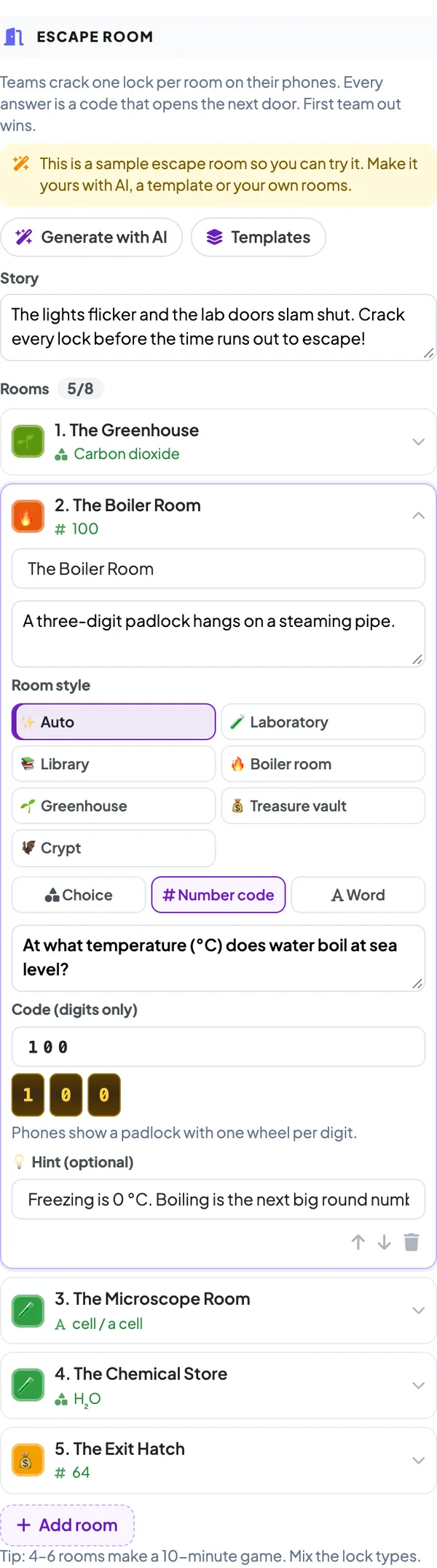 The rooms: AI, templates, a story and one lock per room — click a room to edit it