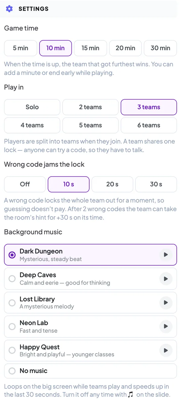 Escape Room settings in the right panel