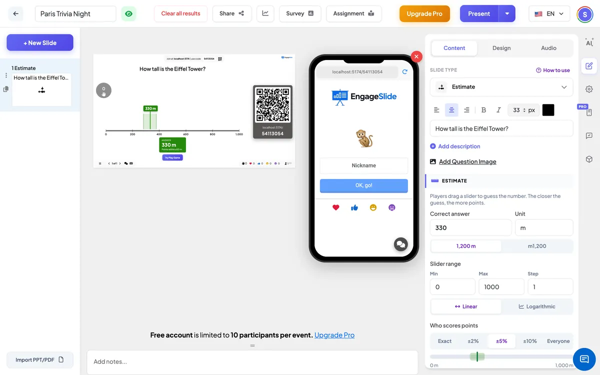 قائمة النقطات <b> تقييم محرر </b>Q —، الشاشة الحية مع رمز المشاركة &amp; QR، و لوحة المحتوى