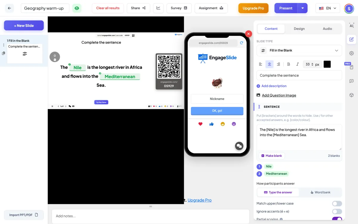 <b> Blank </b> editörünü doldurun — slayt listesi, katılım kodu ve QR ile canlı ekran ve içerik panelini