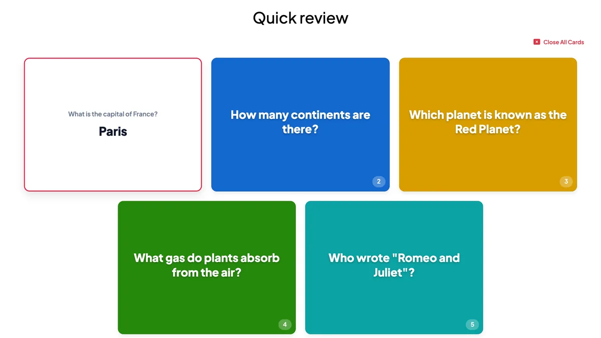 While presenting in the Question & answer style: card 1 is flipped to show its answer, the other cards still show their questions