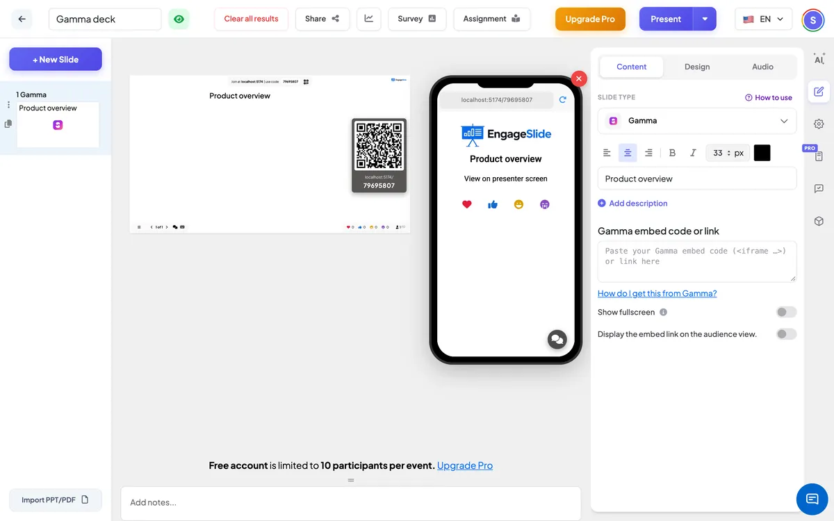 <b> Gamma </b>-editorin —-levyluettelo, live-näyttö yhdistyskoodin &amp; QR ja sisällön paneeli