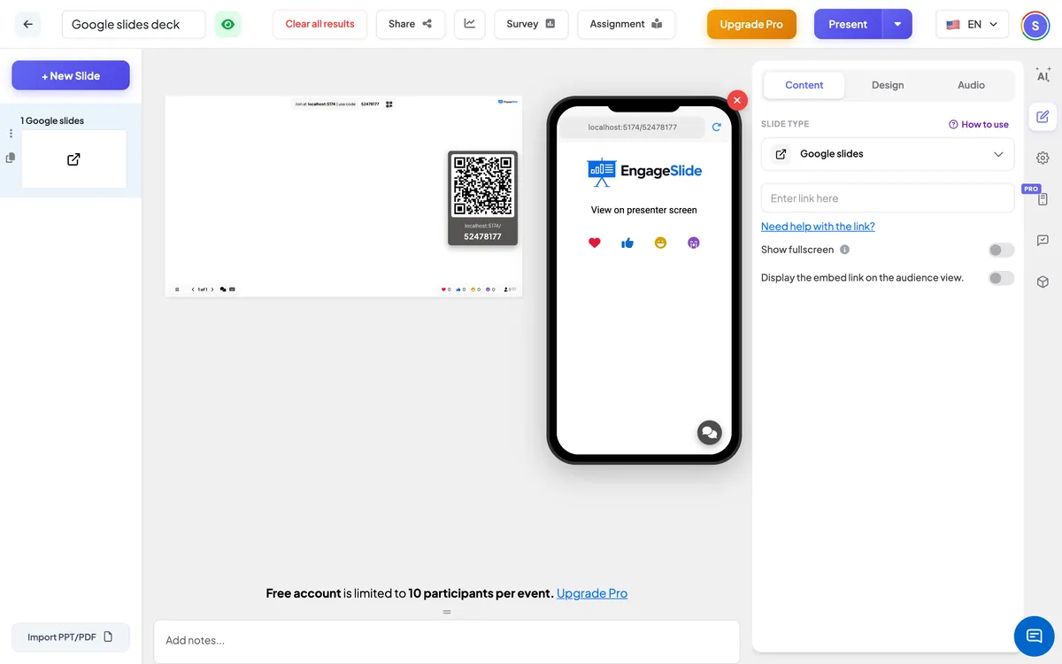 <b> Google Slides </b>-editorin —-levyluettelo, elävä näyttö liitykodella &amp; QR ja sisällönpaneeli