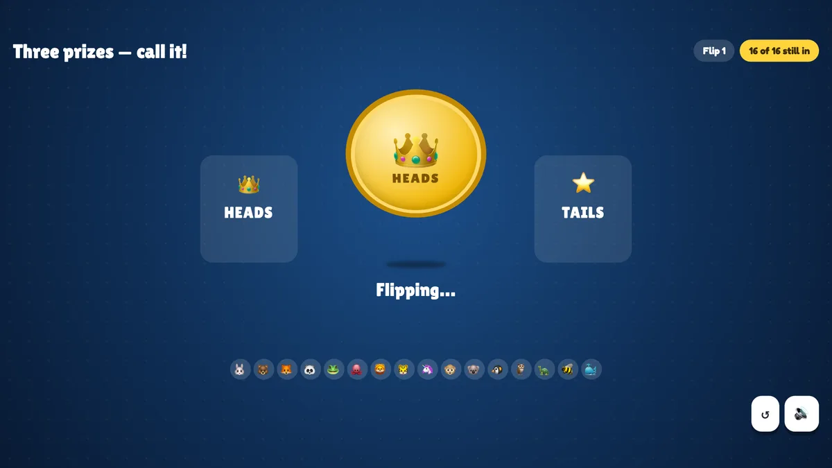 The flip — nothing is revealed until the coin lands