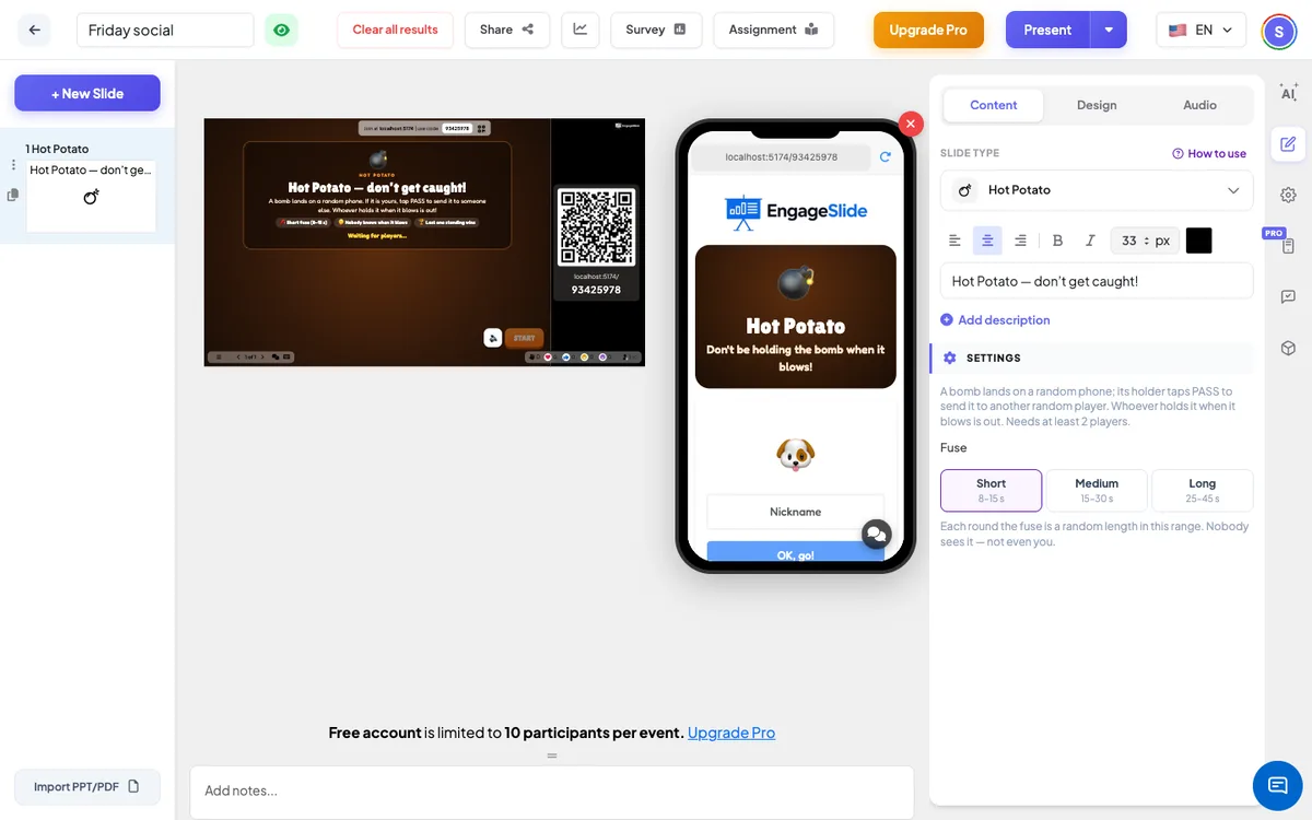 <b> البطاطا الساخنة </b> محرر — قائمة النقطات —، الشاشة الحية مع رمز الانضمام & QR، و لوحة المحتوى