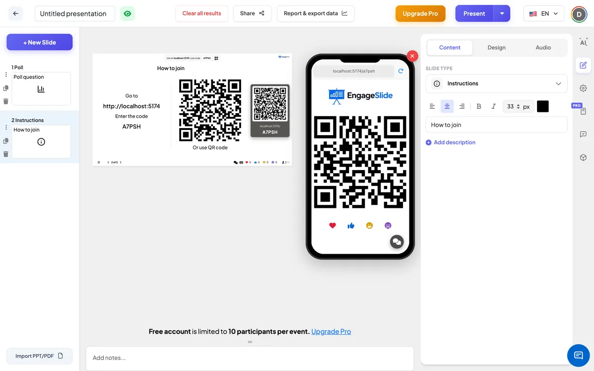 The <b>Instructions</b> editor — slide list, live screen with join code &amp; QR, and the content panel