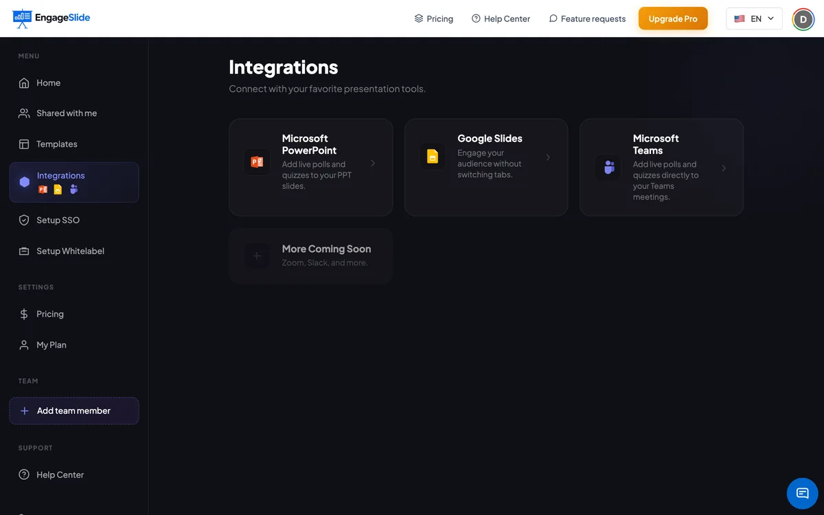 Find the PowerPoint add-in (and other integrations) on the <b>Integrations</b> page in EngageSlide.