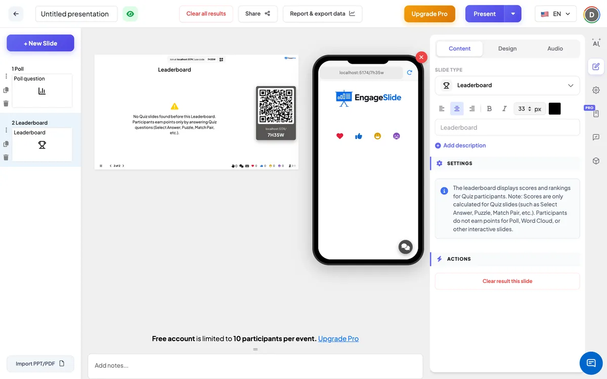 The <b>Leaderboard</b> editor — slide list, live screen with join code &amp; QR, and the content panel