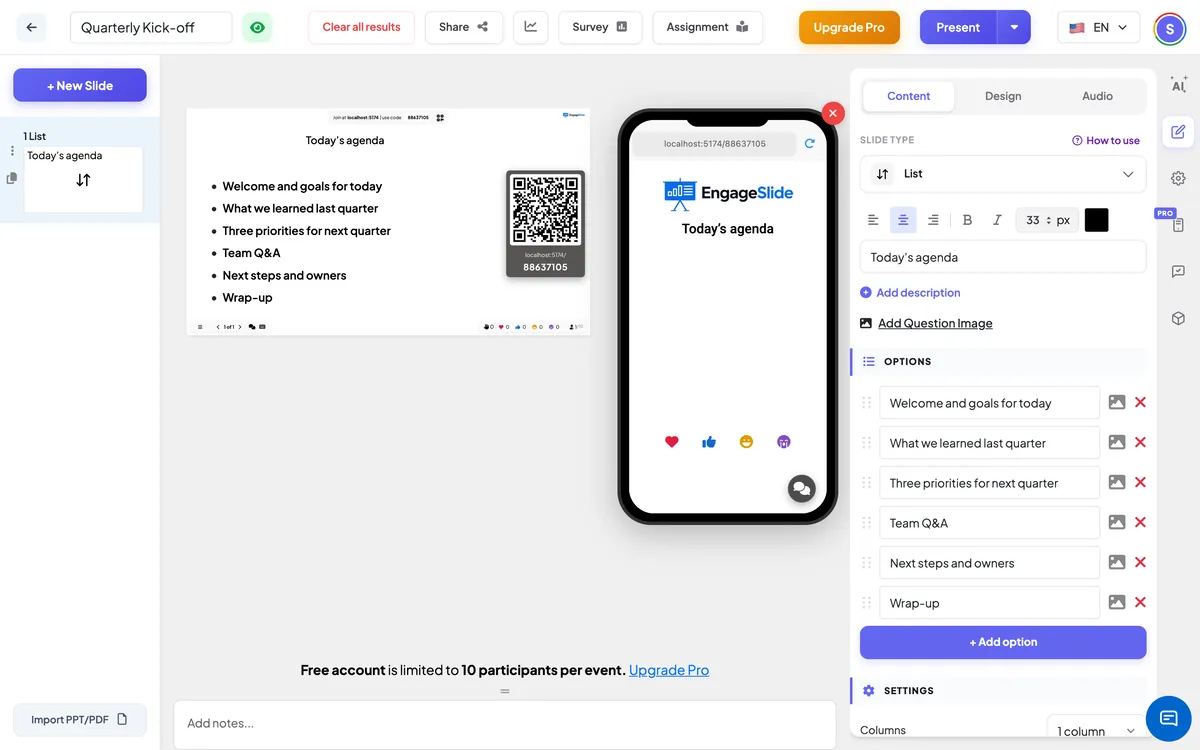 The <b>List</b> editor — slide list, live screen with join code &amp; QR, and the content panel