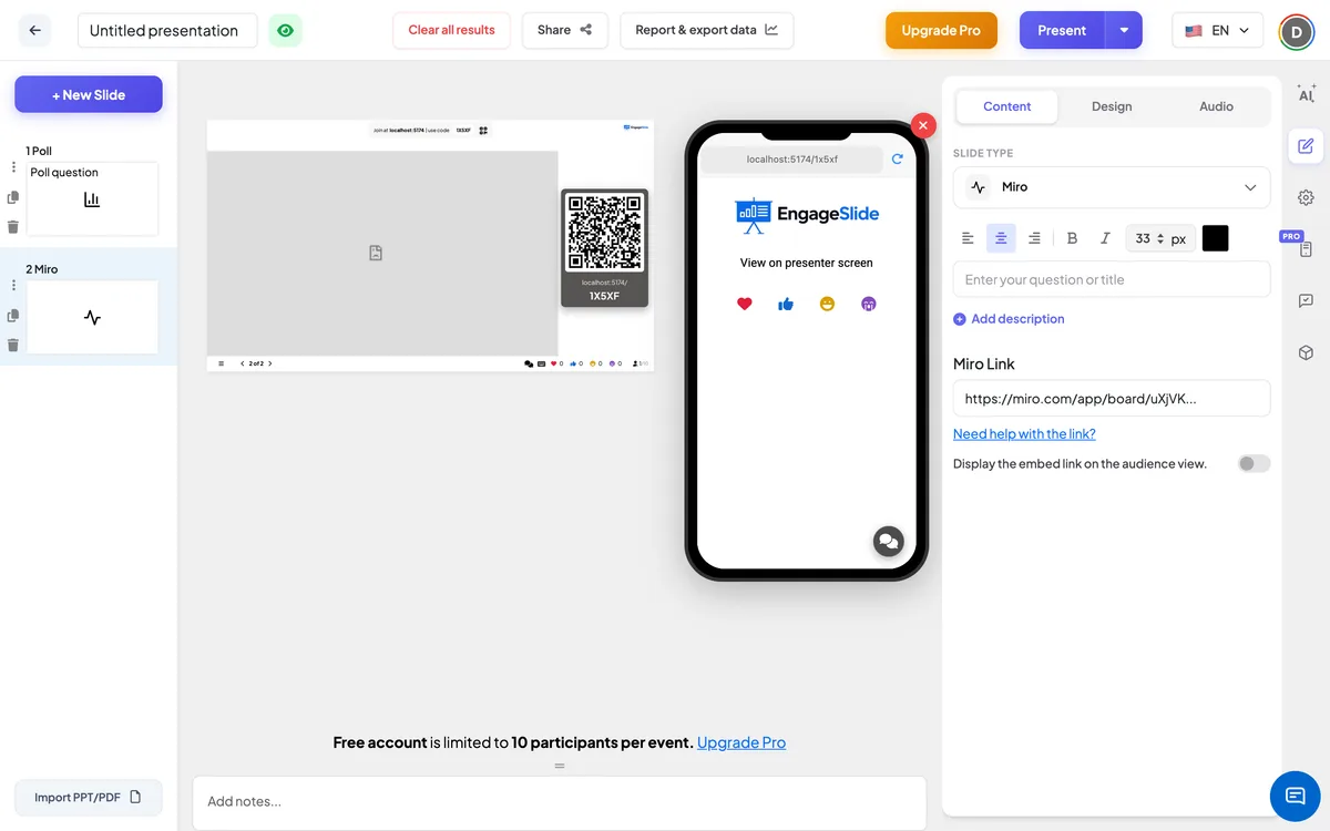 The <b>Miro board</b> editor — slide list, live screen with join code &amp; QR, and the content panel