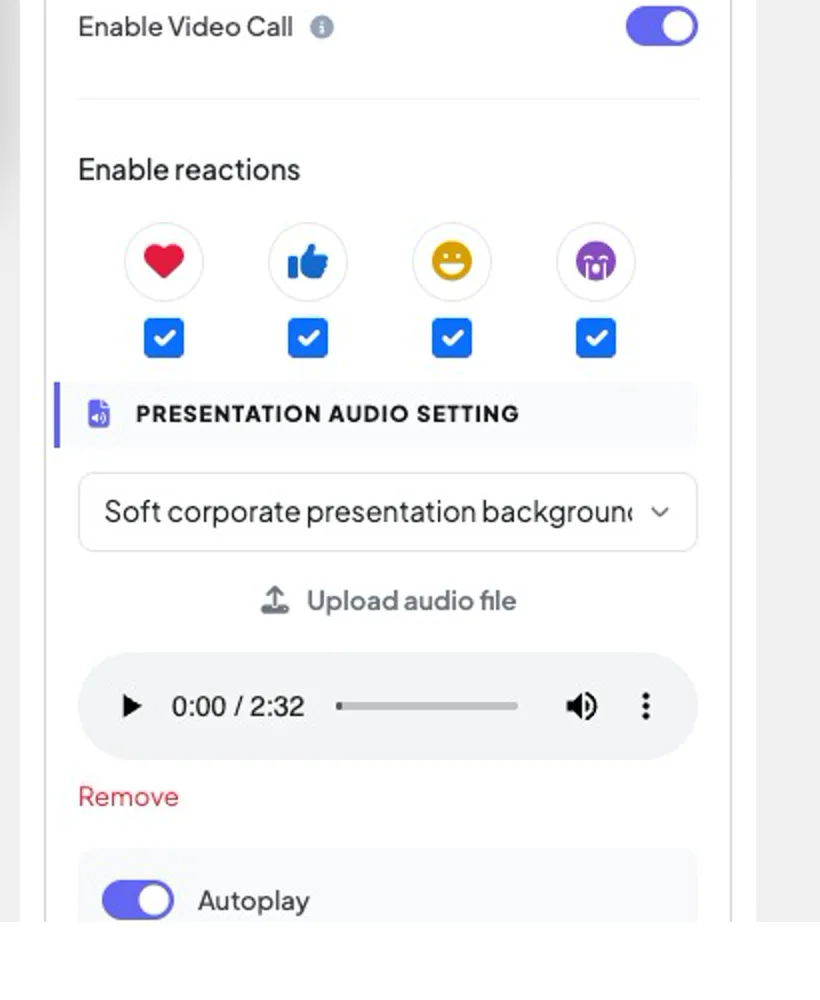 Enable reactions, then Presentation Audio Setting with a track, Autoplay and On Repeat.