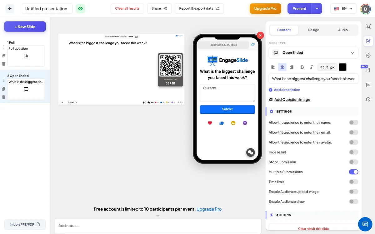 The <b>Open Ended</b> editor — slide list, live screen with join code &amp; QR, and the content panel