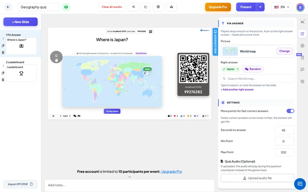 قائمة النقطات <b> Pin Answer </b> محرر — ، والشاشة الحية مع رمز المشاركة &amp; QR ، و لوحة المحتوى