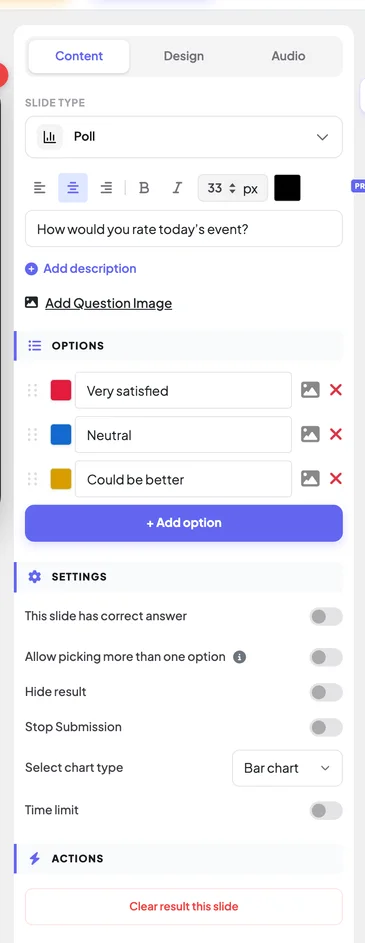 The right panel: options plus the full Settings block