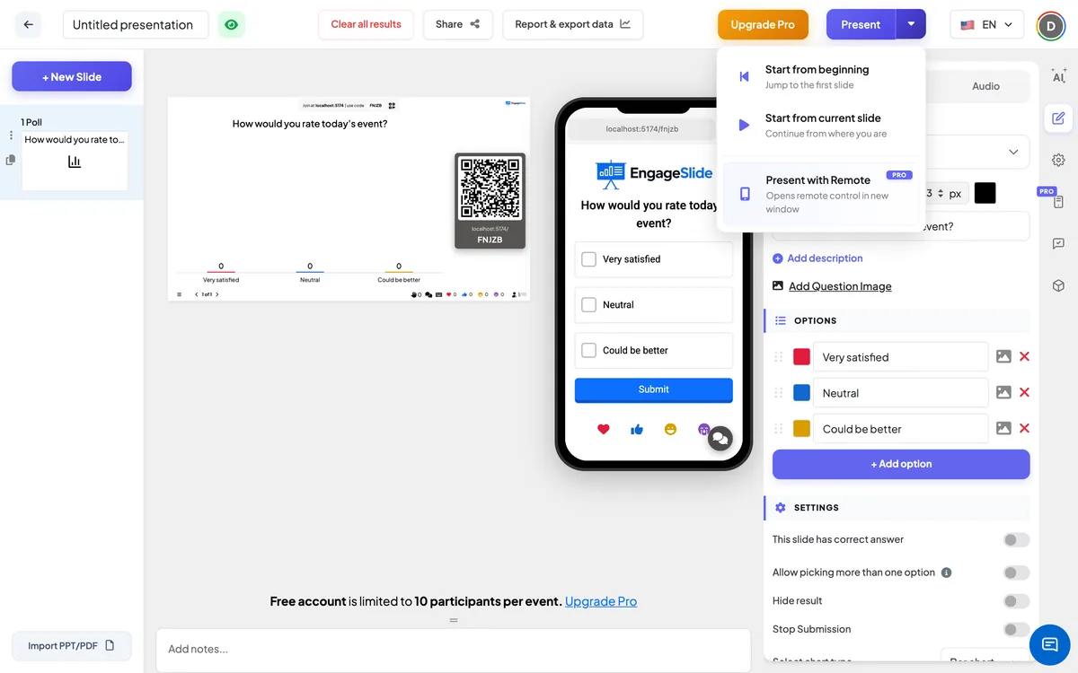 The Present menu — start from the beginning, start from the current slide, or present with the phone remote.