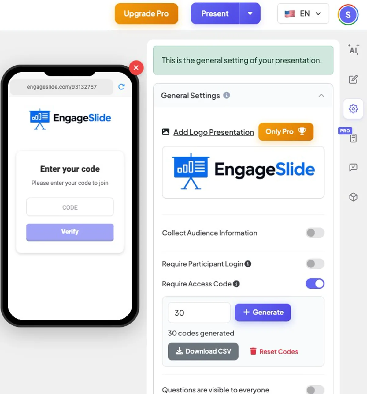 تطلب كود الوصول → 30 رموز تم إنشاؤها، مع تحميل CSV وإعادة تعيين رموز.