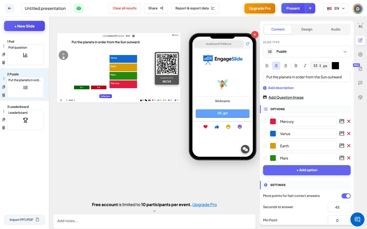 The <b>Puzzle</b> editor — slide list, live screen with join code &amp; QR, and the content panel