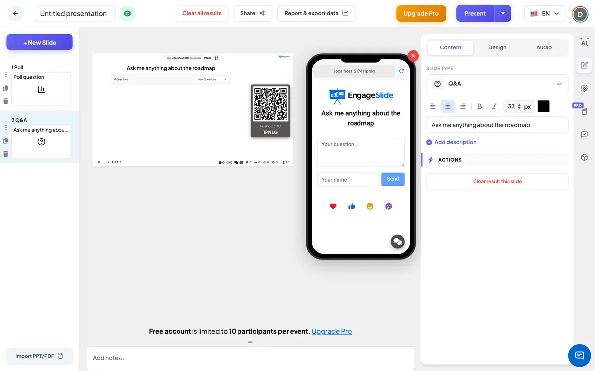 The <b>Q&A</b> editor — slide list, live screen with join code & QR, and the content panel