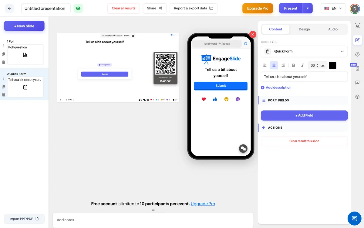 The <b>Quick Form</b> editor — slide list, live screen with join code & QR, and the content panel