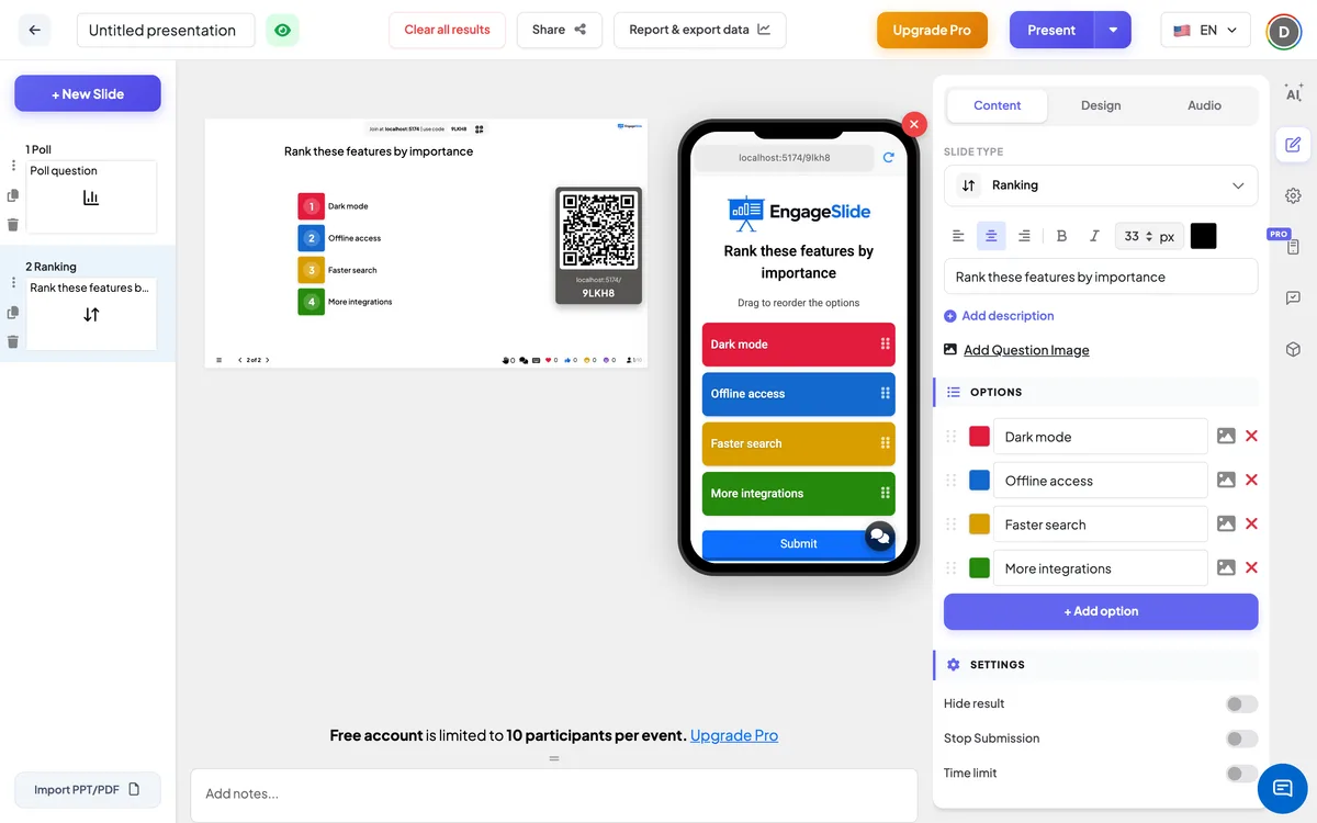 The <b>Ranking</b> editor — slide list, live screen with join code &amp; QR, and the content panel