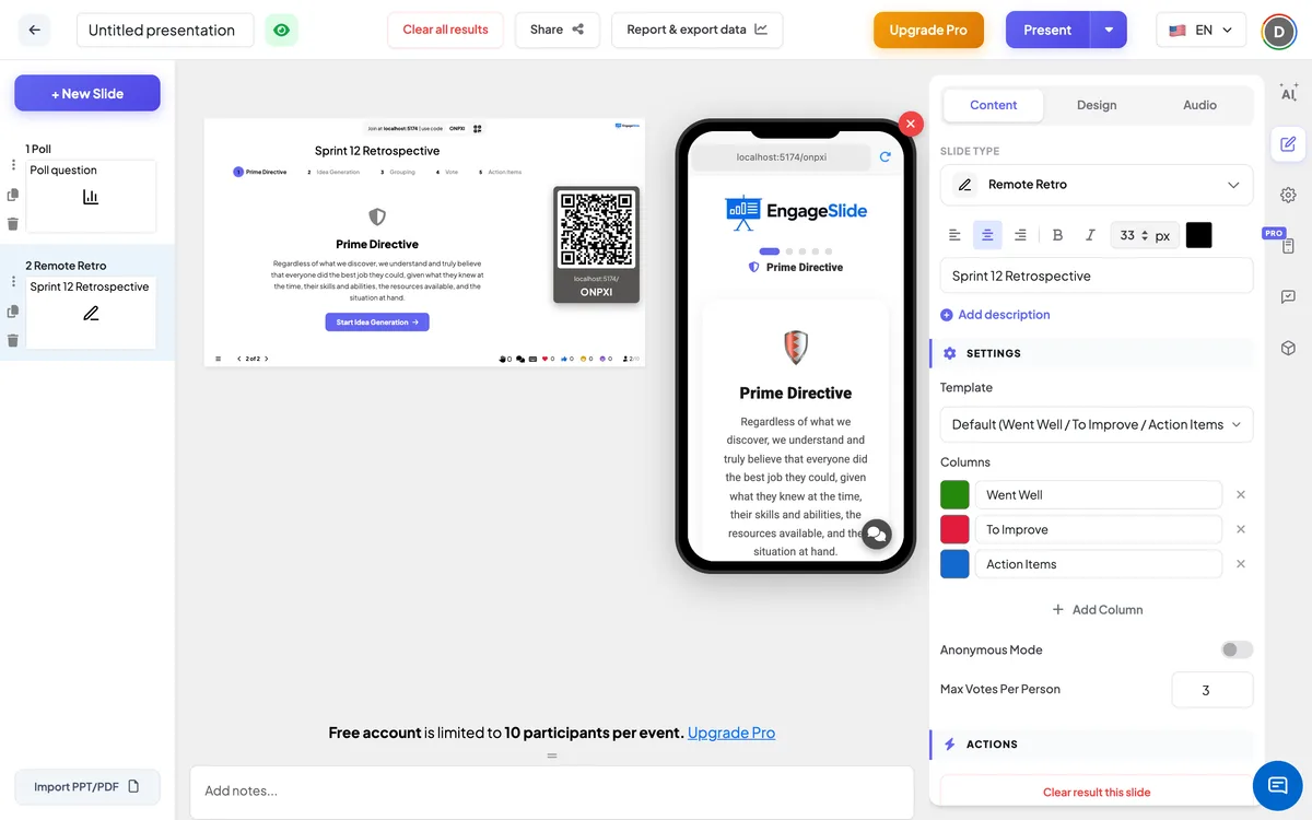 The <b>Remote Retro</b> editor — slide list, live screen with join code & QR, and the content panel