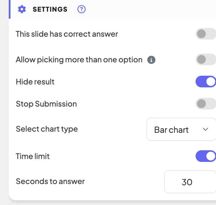 A Poll with Hide result and a 30-second Time limit.