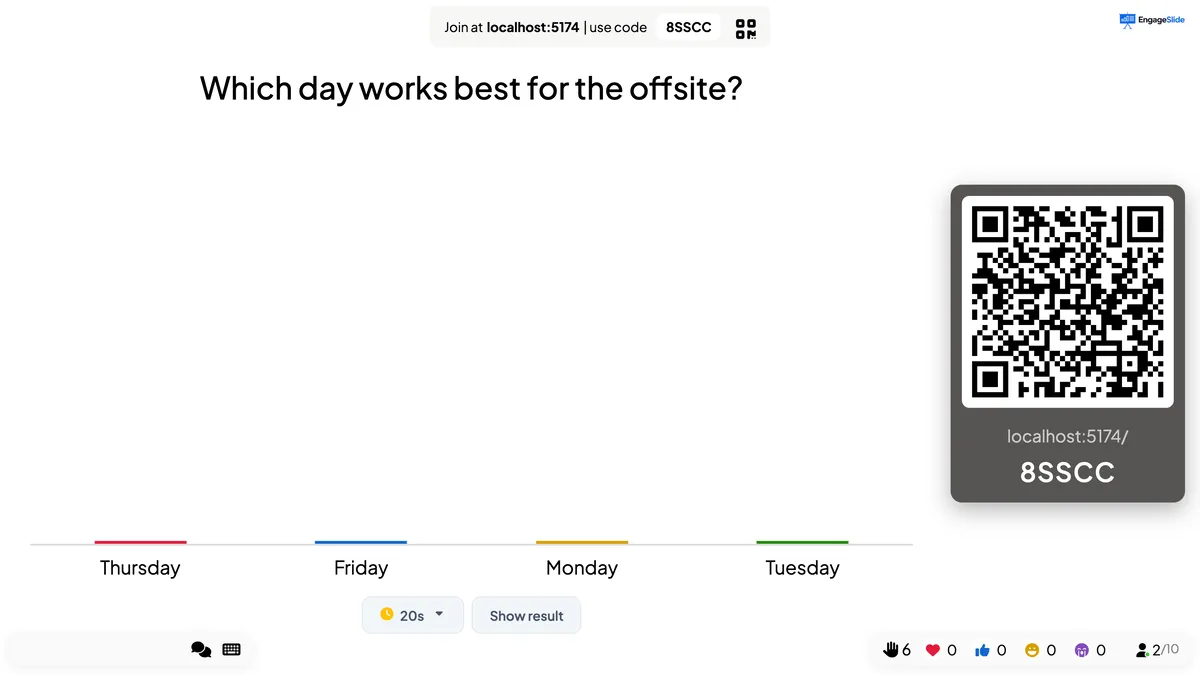 Hide result and Time limit while presenting: the timer and Show result sit under the slide.