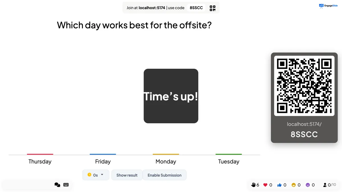 Time’s up! — submissions stop and Enable Submission appears.