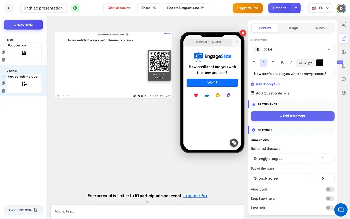 The <b>Scale</b> editor — slide list, live screen with join code &amp; QR, and the content panel