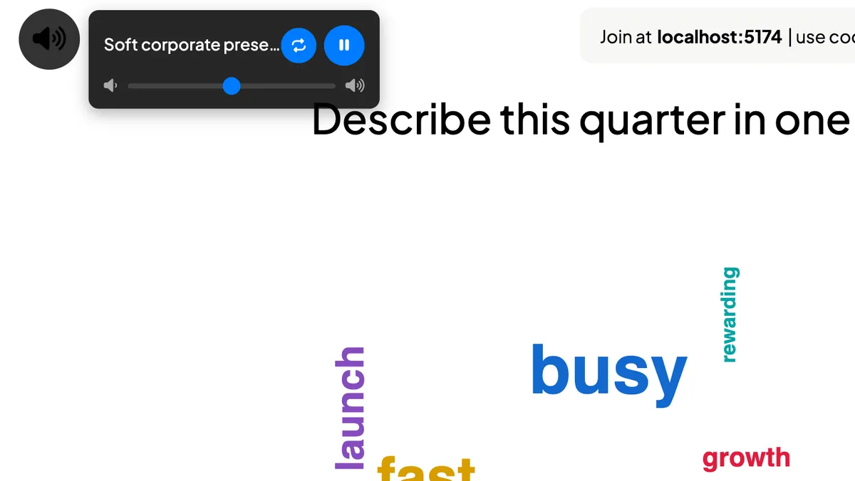 While presenting, hover the speaker icon in the top-left corner for play/pause, repeat and volume.
