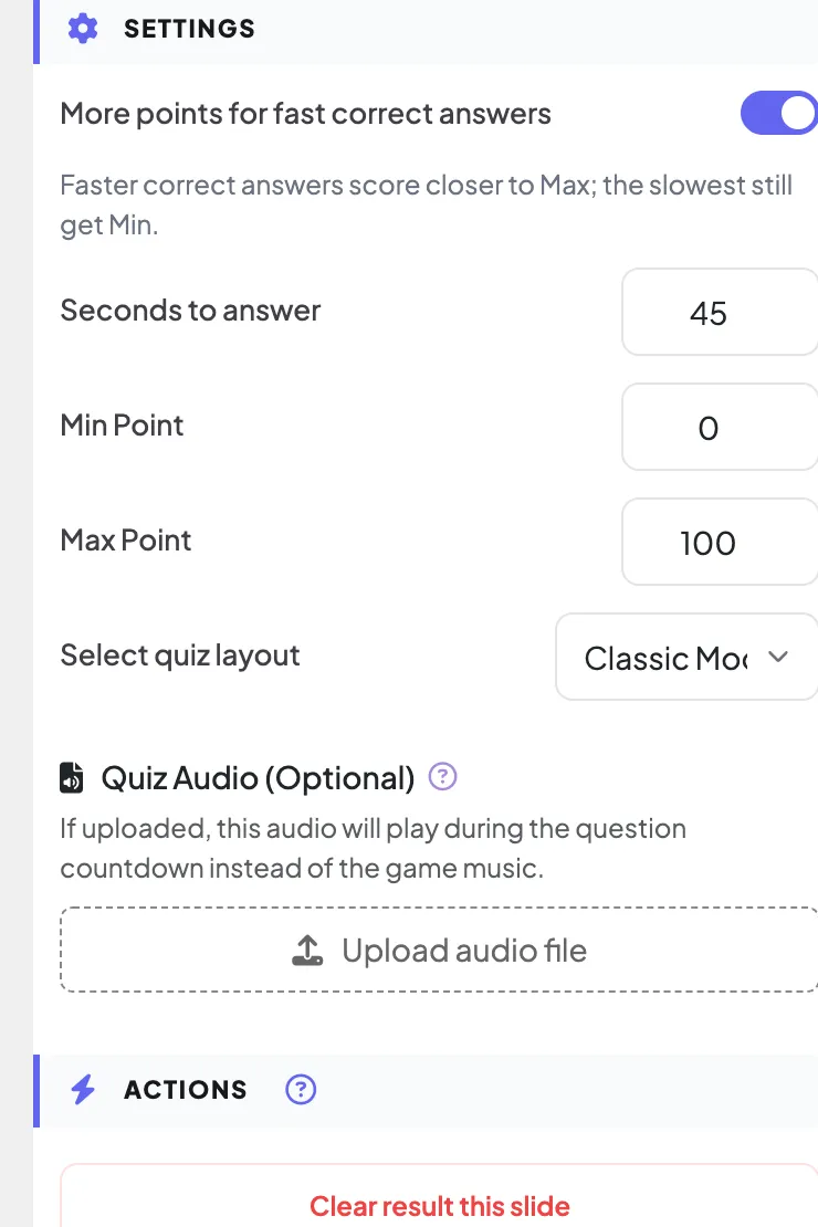 Quiz Audio (Optional) in the quiz settings — upload your own countdown track.