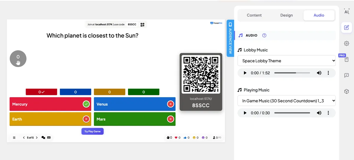 A quiz slide’s Audio tab — Lobby Music and Playing Music, each with a preview player.