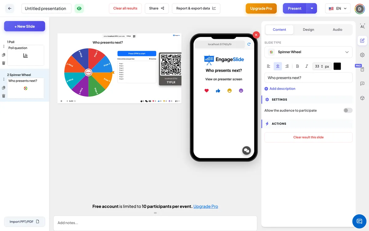 The <b>Spinner Wheel</b> editor — slide list, live screen with join code &amp; QR, and the content panel