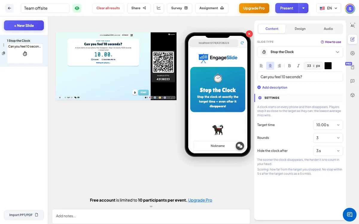 <b> توقف الساعة </b> محرر — قائمة النقطات —، الشاشة الحية مع رمز الانضمام &amp; QR، و لوحة المحتوى
