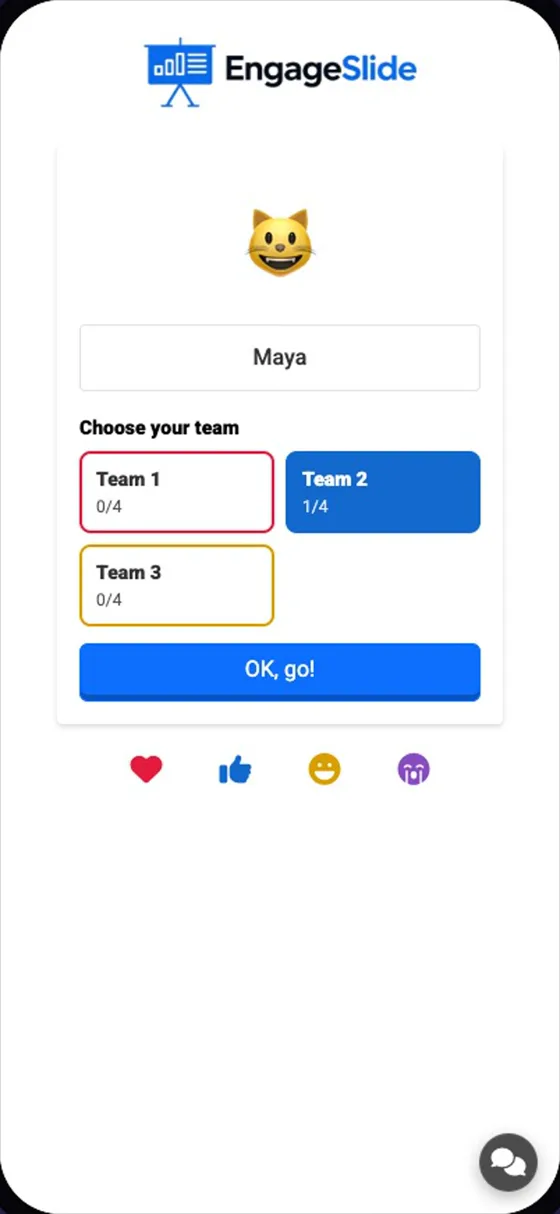 Spieler geben einen Spitznamen ein und wählen ein Team aus. Jeder Knopf zeigt an, wie voll er ist; volle Teams sind gesperrt.