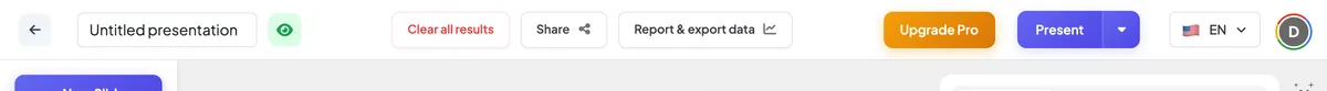 The editor top bar — <b>Clear all results</b> wipes previous responses so you can reuse the deck with a new audience.