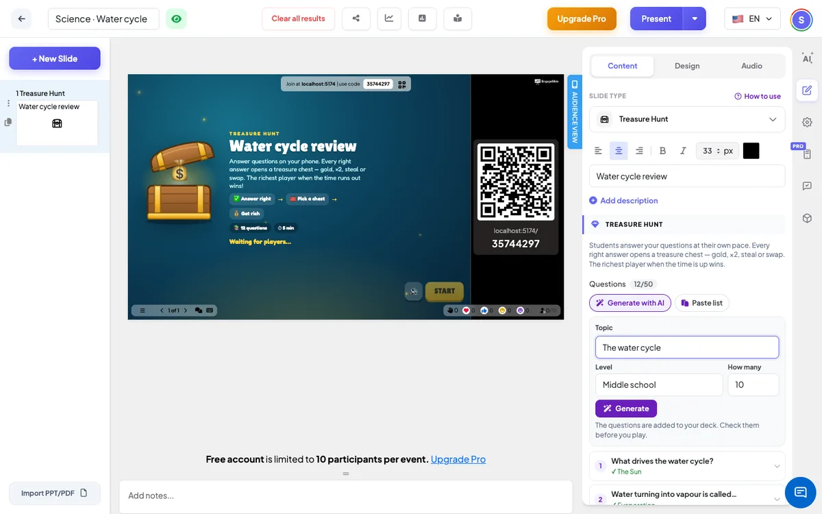 <b> صيد الكنوز </b> محرر — قائمة النقطات —، الشاشة الحية مع رمز الانضمام & QR، و لوحة المحتوى